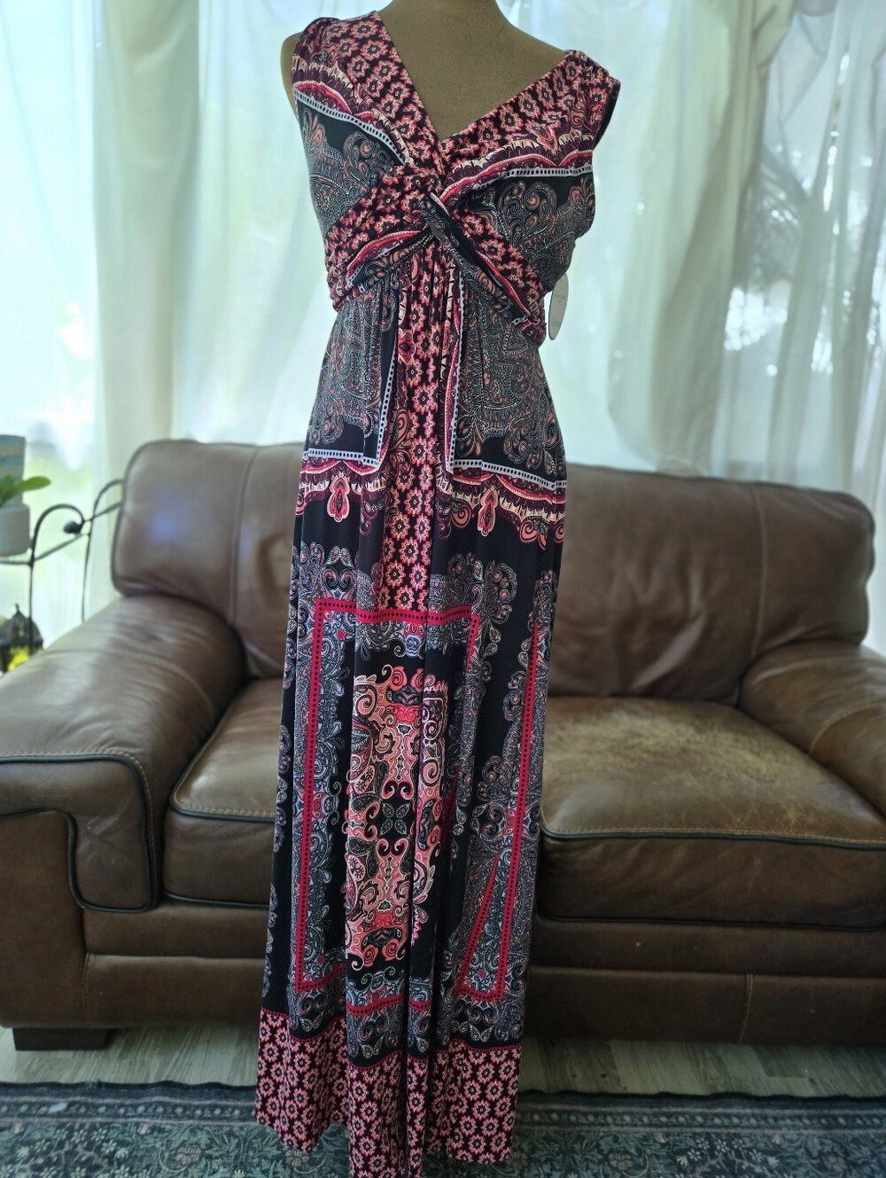 Sleeveless Black and Pink Paisley Maxi Dress